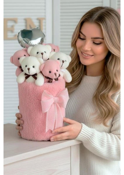 Deluxe Peluş Silindir Kutusuda, Kalpli Balonlu 6’lı Pembe Ayıcık Buketi - Sevdiğine Hediye