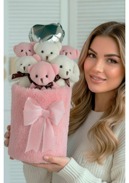 Deluxe Peluş Silindir Kutusuda, Kalpli Balonlu 6’lı Pembe Ayıcık Buketi - Sevdiğine Hediye fiyatları
