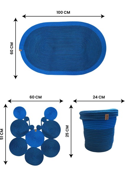 Banyo Seti 3'lü El Yapımı Örgü Paspas (60X100 Cm) & Yuvarlak Çöp Kovası Seti | Leke Tutmaz