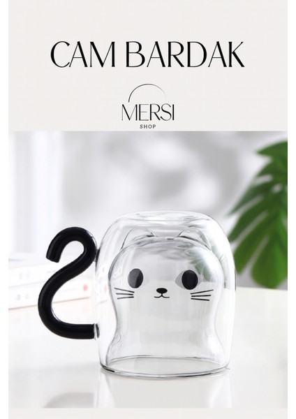Kedi Figürlü Çift Cidarlı Cam Bardak 330 ml | Borosilikat Isı Yalıtımlı Sevimli Tasarım