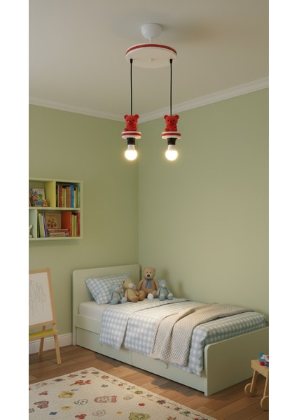 Çocuk Odası Kırmızı Ayı Figürlü Hologram Şeritli 2'li Sarkıt Avize