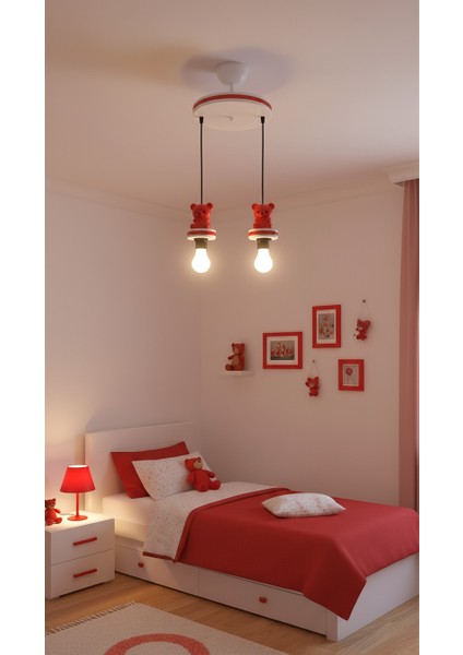 Çocuk Odası Kırmızı Ayı Figürlü Hologram Şeritli 2'li Sarkıt Avize fiyatları