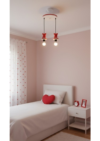 Çocuk Odası Kırmızı Ayı Figürlü Hologram Şeritli 2'li Sarkıt Avize modelleri