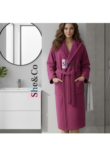 Fuşya Kapüşonlu Fitilli Dokuma Pamuklu Kadın Bornoz - Yumuşak Dokulu modelleri