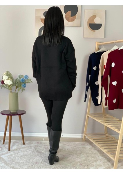 Kadın Bisiklet Yaka Kalpli Triko Kazak Siyah XL