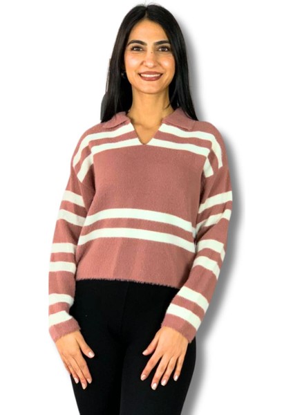 Kadın Polo V Yaka Sakallı Triko Crop Kazak Pudra Standart