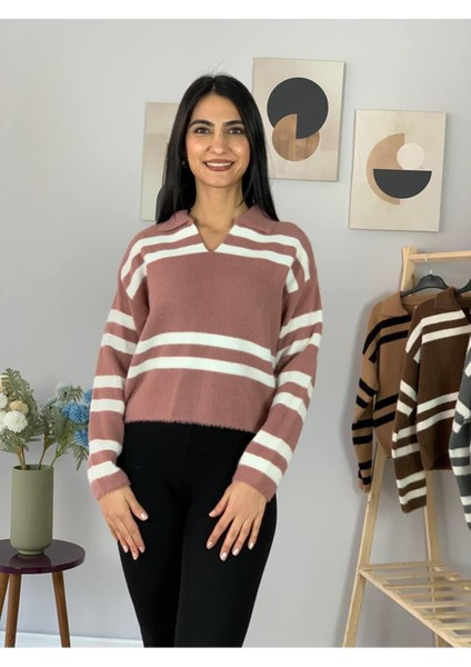 Kadın Polo V Yaka Sakallı Triko Crop Kazak Pudra Standart