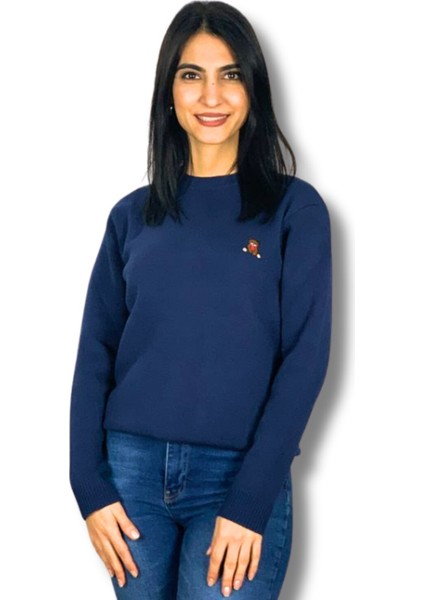 Kadın Teddy Bear Nakışlı Krem Triko Kazak Lacivert M