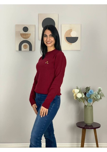 Kadın Teddy Bear Nakışlı Krem Triko Kazak Bordo S