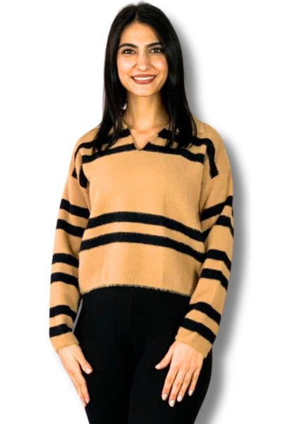 Kadın Polo V Yaka Sakallı Triko Crop Kazak Bej Standart