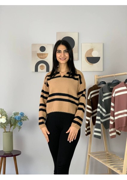 Kadın Polo V Yaka Sakallı Triko Crop Kazak Bej Standart