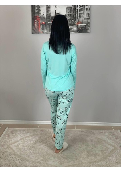 Kadın Pamuklu Viscon Çiçek Desenli Pijama Takımı (Yeşil) Yeşil 2X