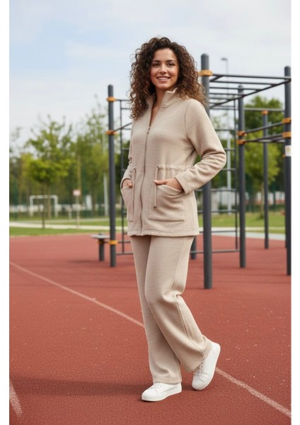 Kadın Vizon Dalgıç/Scuba Dik Yaka Cepli Örme Alt-Üst Takım Vizon