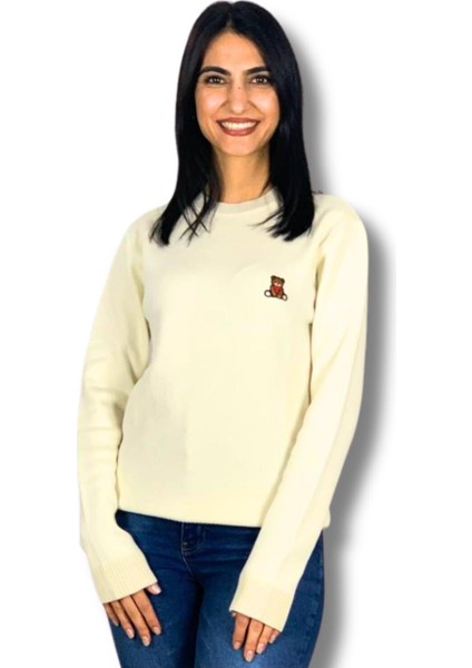 Kadın Teddy Bear Nakışlı Krem Triko Kazak Krem M