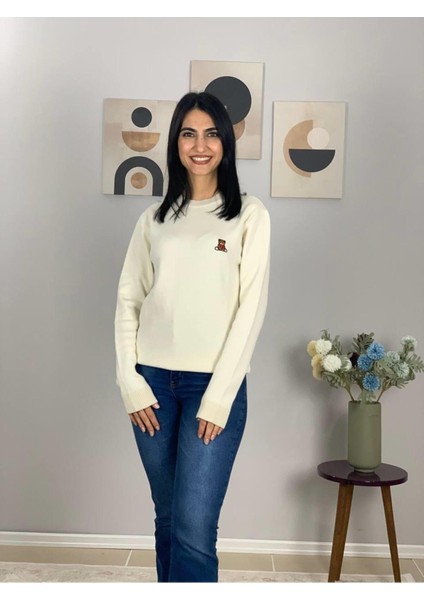 Kadın Teddy Bear Nakışlı Krem Triko Kazak Krem M