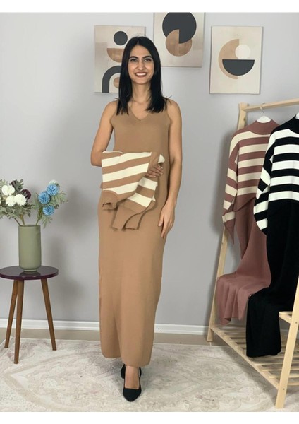 Kadın Çizgili Büyük Beden Kazaklı Elbise Taş Standart