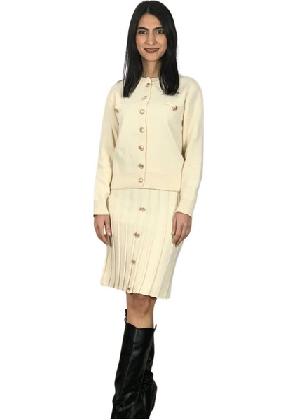 Kadın Ekru Gold Düğmeli Triko Pileli Hırka Etek Takım Ekru L