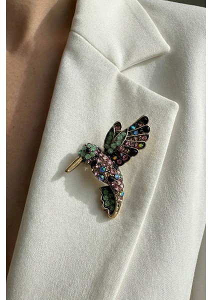 Altın Sarısı Renkli Taş Süslemeli Kuş Broş (3cm)