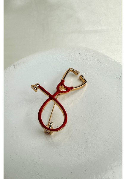 Hemşire-Doktor Kırmızı Mineli Seteskop Broş (5cm)