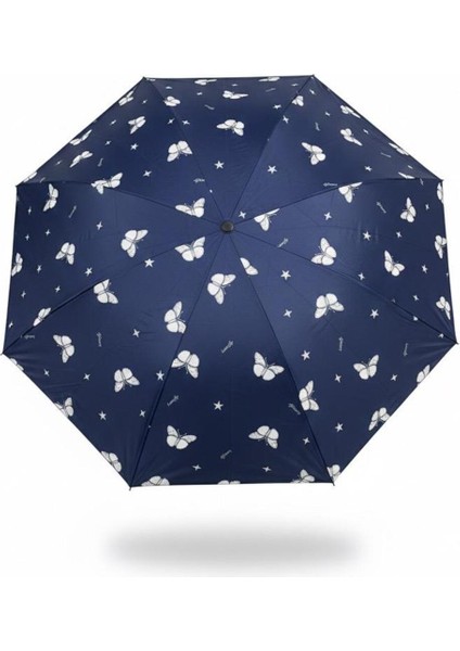 Kelebek Desenli, Hafif ve Uv Koruma Katlanır Şemsiye, Lacivert