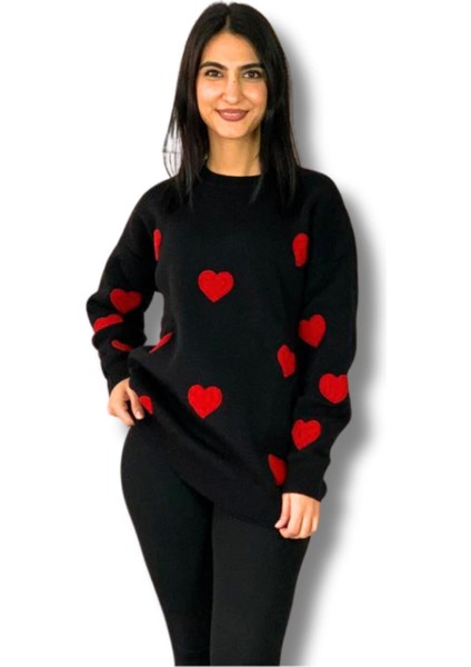 Kadın Bisiklet Yaka Kalpli Triko Kazak Siyah L