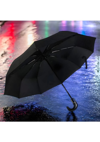 Fiber Takviyeli 10 Telli Otomatik Rüzgâr Dayanıklı Şemsiye, Unisex Siyah fiyatları