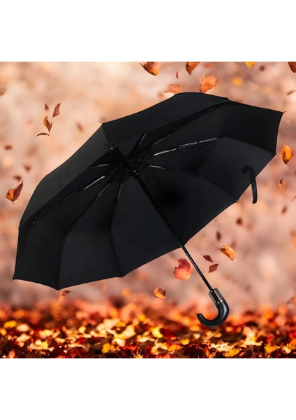 Fiber Takviyeli 10 Telli Otomatik Rüzgâr Dayanıklı Şemsiye, Unisex Siyah fırsatları