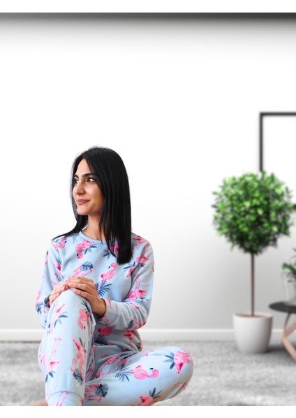 Flamingo Desenli Kadın Polar Peluş Pijama Takımı (Yeşil) Yeşil L