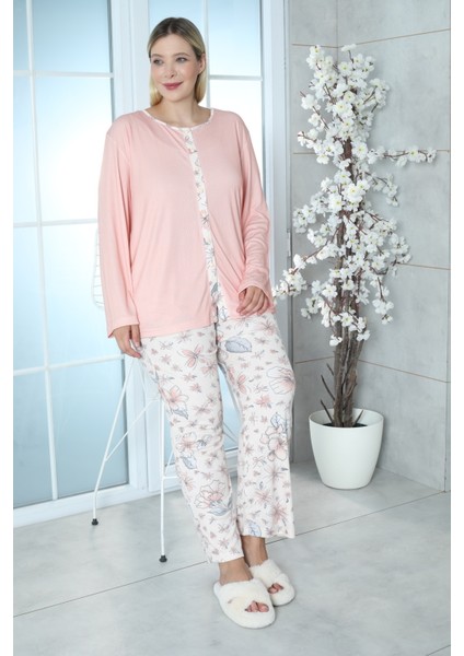 Viskon Büyük Beden Desenli Melisa Turuncu Pijama Takımı %100 Pamu