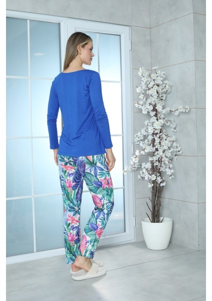 Viskon Desenli Pijama Takımı (Mavi) Mavi S