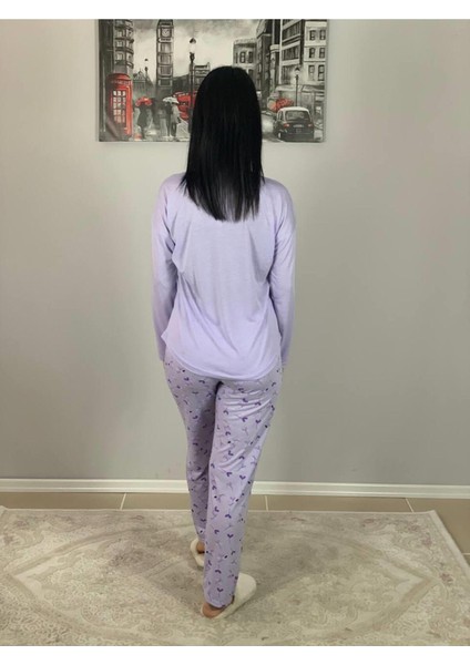 Kadın Pamuklu Viscon Çiçek Desenli Pijama Takımı (Lila) Mor L