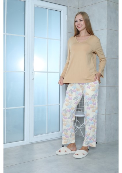 Viskon Desenli Taba Pijama Takımı %100 Pamuk Taba XL