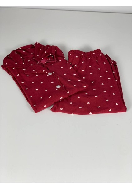 Kadın Pamuklu Süet Minik Kalp Desenli Pijama Takımı (Kırmızı) Kır