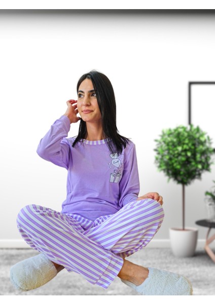 Sweet Kalp Desenli Pamuk Kadın Pijama Takımı (Eflatun) Mor XL