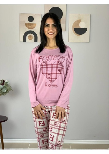 Kadın Fashion Love Desenli Pijama Takımı (Pembe) Pembe XL