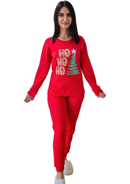 Baskılı Pamuk Kadın Yeni Yıl Aile Pijama Takımı (HO HO HO) Kırmız