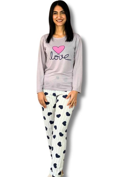 Kadın Love Motifli Kalp Desenli Pijama Takımı (Bej-Beyaz) Bej XL