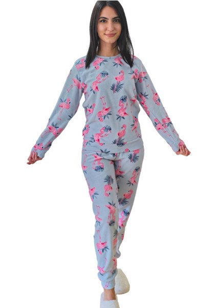 Flamingo Desenli Kadın Polar Peluş Pijama Takımı (Yeşil) Yeşil M