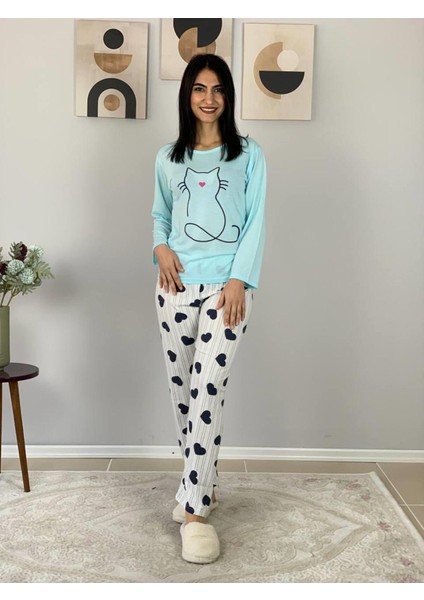 Kadın Kedi Motifli Kalp Desenli Pijama Takımı (Mavi-Beyaz) Mavi 2