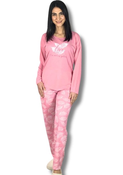 Kadın Pamuklu Viscon Yaprak Desenli Pijama Takımı (Pembe) Pembe X