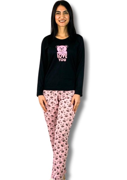 Kadın Love You Baskılı Panda Desenli Pijama Takımı (Pembe-Siyah)