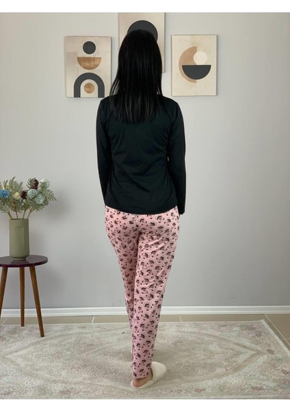 Kadın Love You Baskılı Panda Desenli Pijama Takımı (Pembe-Siyah)