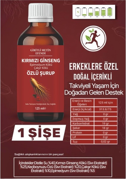 Kırmızı Ginseng,bitkisel Epimedyum Kökü,çakşır Kökü Özlü 125 ml Takviye Edici Şurup Güç ve Kuvvet