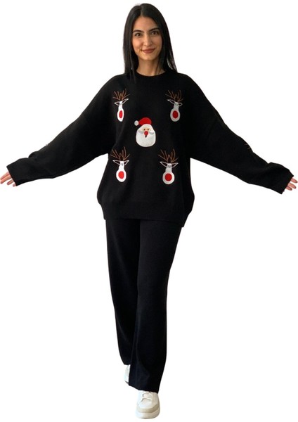 Kadın Uzun Kol Yeni Yıl Nakışlı Bisiklet Yaka Triko Kazak Pantolo