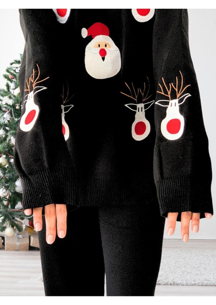 Kadın Uzun Kol Yeni Yıl Nakışlı Bisiklet Yaka Triko Kazak Pantolo