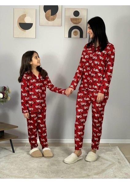 Anne Kız Kombin Önden Düğmeli Bebe Yaka %100 Pamuk Girl Desenli P