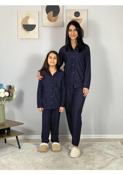 Anne Kız Kombin Önden Düğmeli Bebe Yaka %100 Pamuk Pijama Takımı