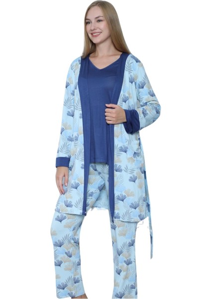 Viskon Desenli Mavi Pijama Takımı %100 Pamuk Mavi