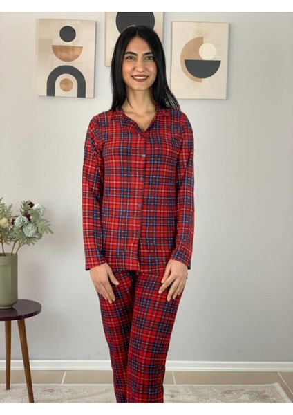 Kadın Ekose Desenli Süet Düğmeli Pijama Takımı (Kırmızı) Kırmızı