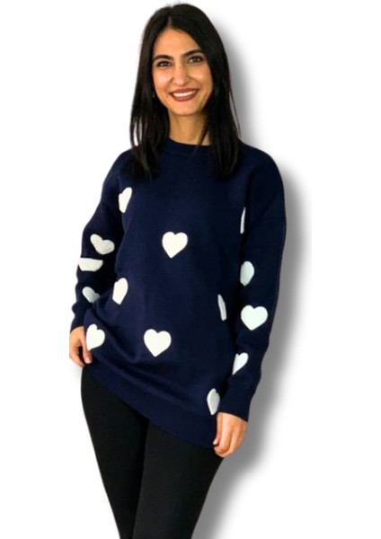 Kadın Bisiklet Yaka Kalpli Triko Kazak Lacivert M